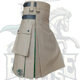 Khaki & Irish Green Hybrid Kilt for Men – Tactical Scottish Kilt with 4 Leather Straps | BattleOfKilts